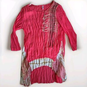 LINDI Bright Pink & Cream Tunic Crinkle Style LARGE Travel Shirt Textured Long